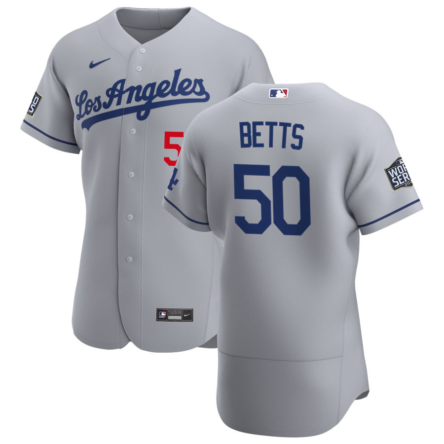 Los Angeles Dodgers #50 Mookie Betts Men Nike Gray Road 2020 World Series Champions Authentic Team MLB Jersey->los angeles dodgers->MLB Jersey